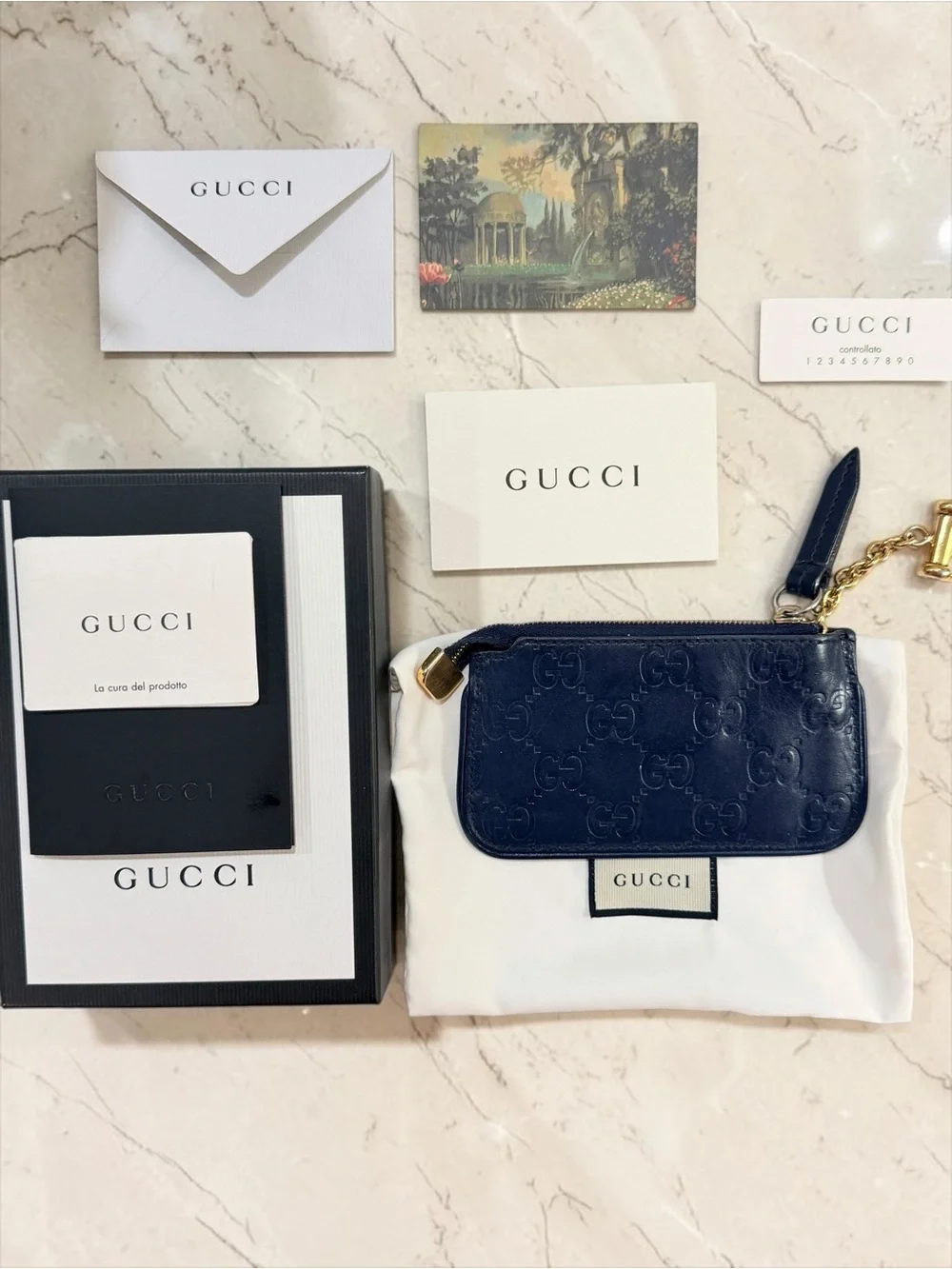 Gucci Guccissima Navy Blue Leather Key Pouch Wallet Full Set Box Dust Bag